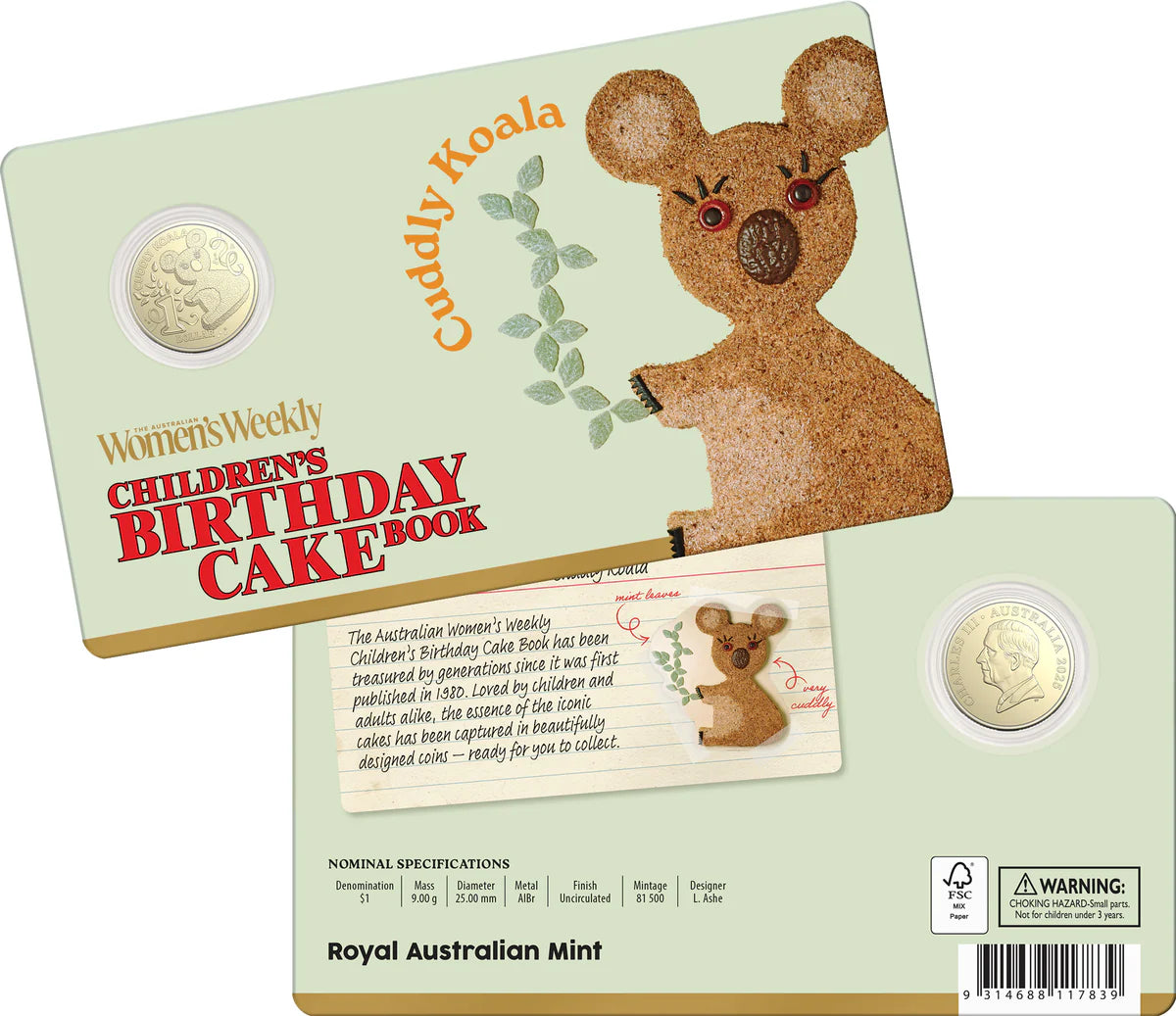 AWW Birthday Cake Cuddly Koala 2025 $1 Uncirculated Coin in Card AWW Birthday Cake Cuddly Koala 2025 $1 Uncirculated Coin in Card